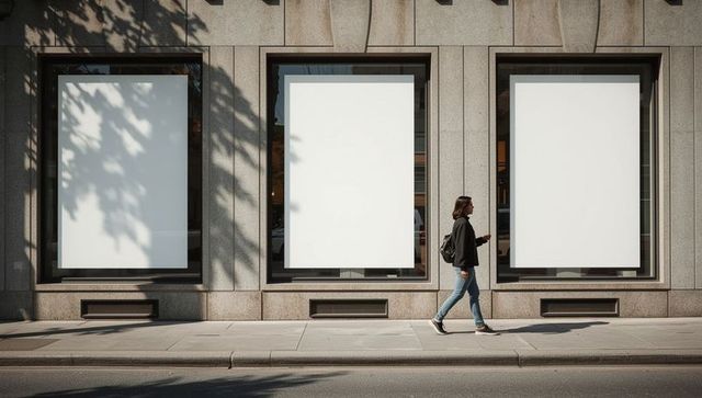 Woman walking past blank posters on city street