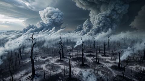 Charred forest landscape with smoke-laden sky after the apocalypse