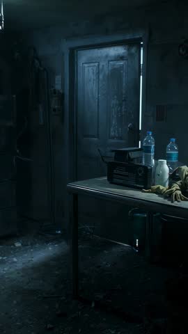 Light Shifting Through Door Slit Revealing Dust Drift in Abandoned Basement Workshop - Vertical Vide