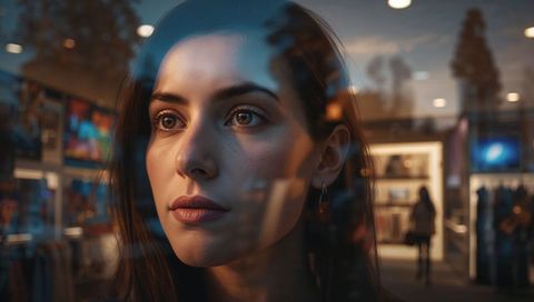 Contemplative Woman Gazing Through Boutique Window with Reflective Evening Light