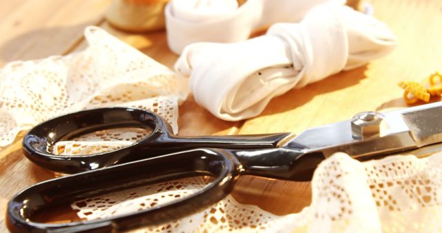 Close-up of Scissors and Lace Fabric on Wooden Surface - Download Free Stock Images Pikwizard.com