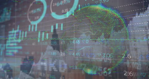 Dynamic Financial Data Overlays Globe with Technology Theme