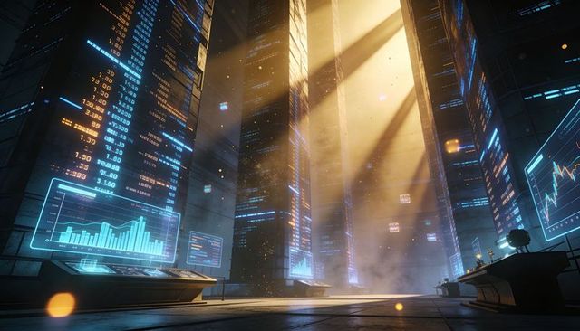 Futuristic datacenter operations hall with holographic dashboards, sunlit server towers