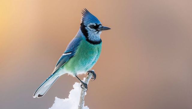 Vibrant blue-crested songbird perching on snowy twig with black mask close-up