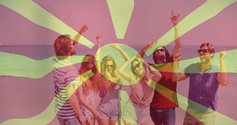 Friends celebrating on beach with sunburst overlay, summer party vibes