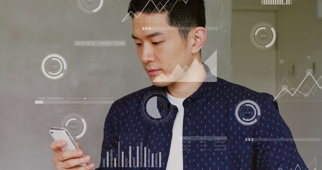 Young man engaged in data analysis using smartphone and digital interface. Useful for technology advertisements, business analysis articles, innovation platforms, and futuristic concepts. Perfect for illustrating connectivity, technology trends, and modern work scenarios.