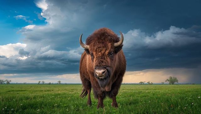 Majestic American Bison Standing on Prairie under Dramatic Storm Clouds at Sunset