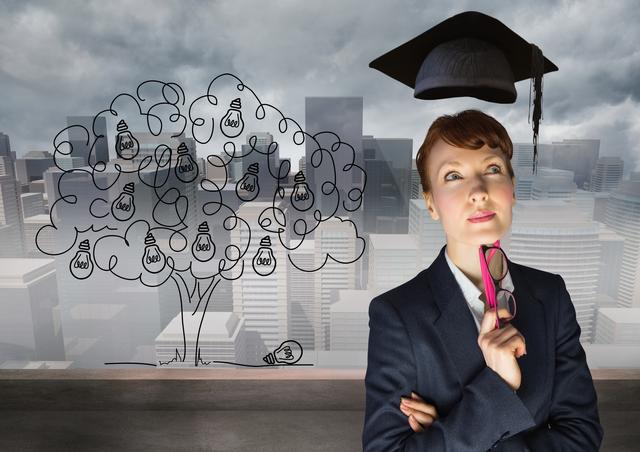 Thoughtful Businesswoman with Graduation Cap and Idea Tree in Urban Environment - Download Free Stock Photos Pikwizard.com