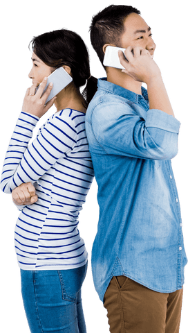 Cheerful Couple Back-to-Back Talking on Transparent Phones