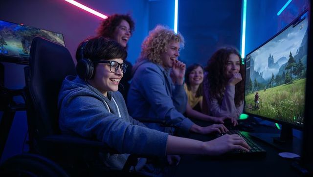 Diverse Friends Cheering Gamer in Exciting Esports Lounge