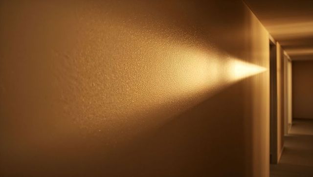 Warm triangular light beam casting on textured beige wall in hotel corridor interior