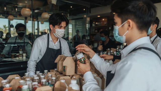 Masked baristas packing takeout orders at busy café counter during pandemic