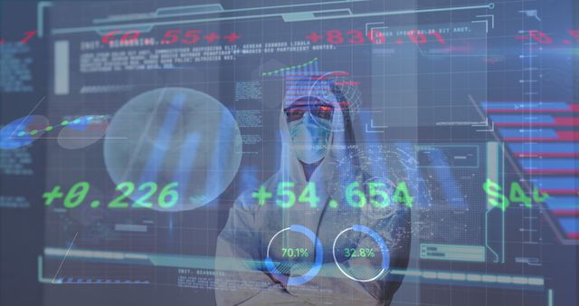 Scientist analyzing data displayed on a futuristic digital interface screen. Ideal for use in scientific research publications, technology advancements, medical research articles, data analytics brochures, and innovative technology advertisements.