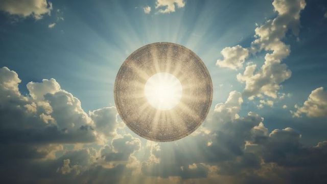 Ornate celestial disc radiating light in cloudy sky
