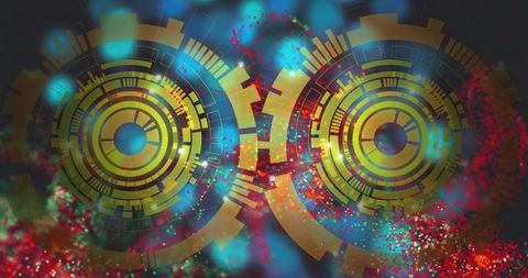 Dual gold hud interface with circular tech rings, glowing orbs and neon sparks