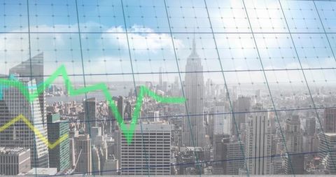 Abstract financial data over a skyscraper cityscape