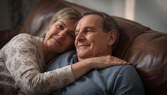 Senior couple embracing on brown leather couch sharing warm intimate moment