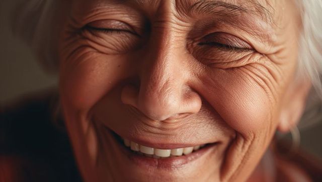 Extreme close-up smiling senior woman celebrating joyful wrinkles and warm genuine smile