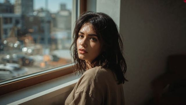 Sunlit woman leaning by window wearing neutral sweater contemplative urban portrait