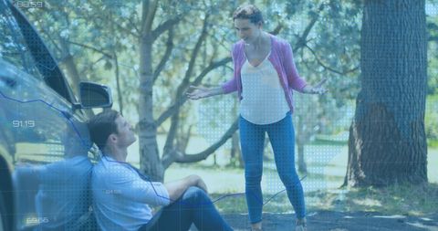 Overlay of Financial Data on Couple in Outdoor Setting