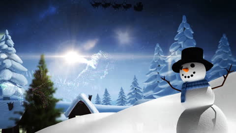 Festive Christmas Scene with Snowman and Santa's Sleigh