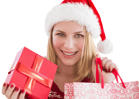 Smiling Caucasian Woman with Santa Hat and Gifts on Transparent Background