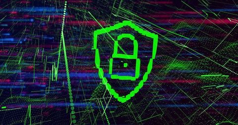 Neon Green Pixel Shield Showing Padlock Over Cyber Wireframe Grid for Network Security