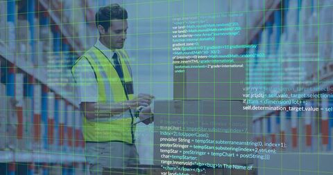 Warehouse worker scanning handheld with code grid overlay representing supply chain analytics
