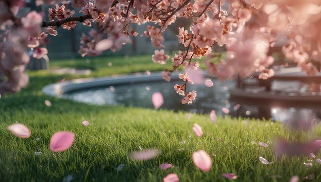 Cherry blossoms releasing petals in sunlit park
