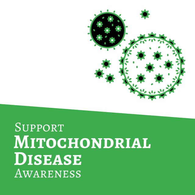 Illustration of virus and support mitochondrial disease awareness week text on white background. Vector, green, copy space, cell organelle, energy, support, healthcare and prevention concept.