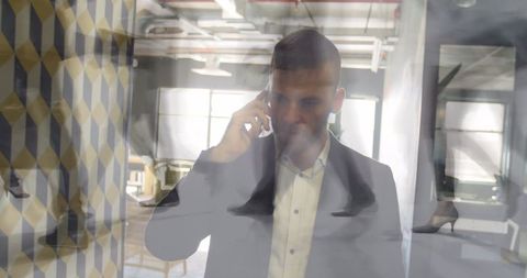 Caucasian Businessman on Phone with Layered Timelapse Effect