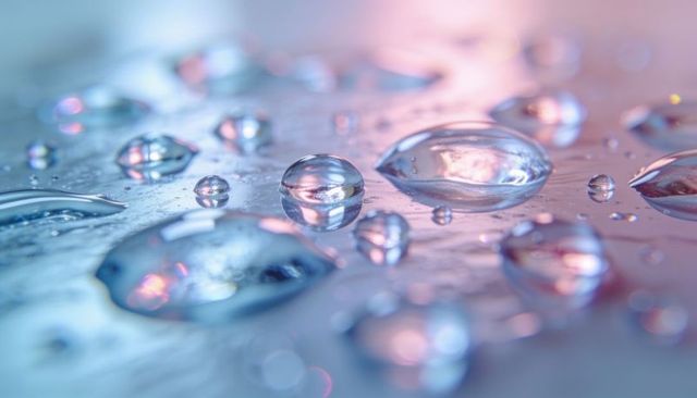 Iridescent water droplets macro on reflective surface with blue pink gradient highlights