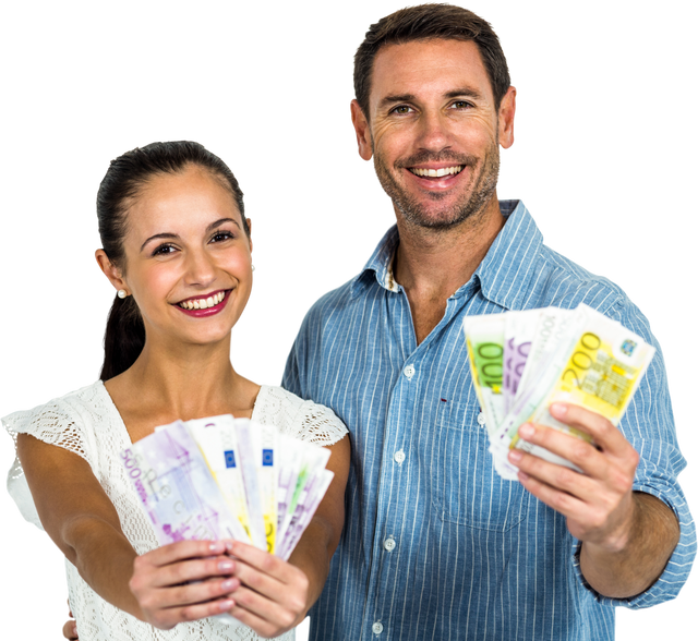 Happy Couple Holding Euro Banknotes Smiling on Transparent Background - Download Free Stock Videos Pikwizard.com