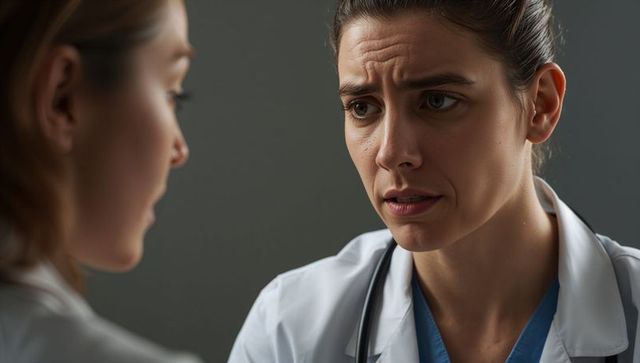 Concerned female clinician delivering empathetic consultation, closeup doctor-patient moment