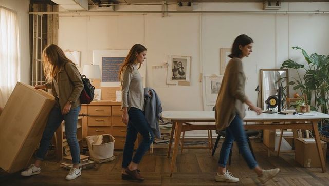 Three women carrying furniture and boxes moving into sunlit shared art studio workspace