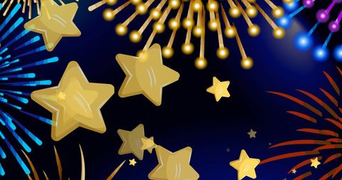 Festive New Year Fireworks and Golden Stars on Blue Background