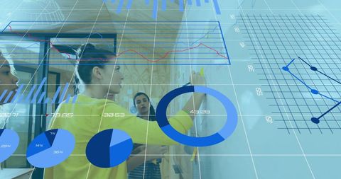 Diverse coworkers analyzing data with overlay of growth graphs