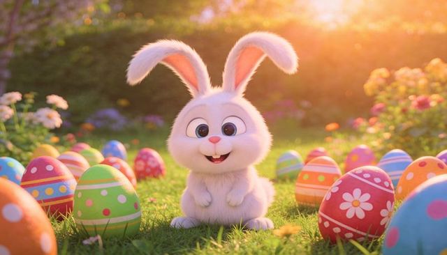 White fluffy bunny sitting among colorful easter eggs in golden sunlit spring garden