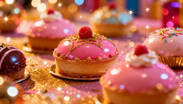 Pink-glazed raspberry tart featuring gold-glitter star and sparkling party desserts