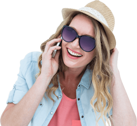 Smiling Woman with Smartphone Wearing Hat and Sunglasses Transparent