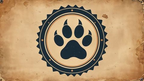 Vintage paw print emblem with gear-like border on aged parchment