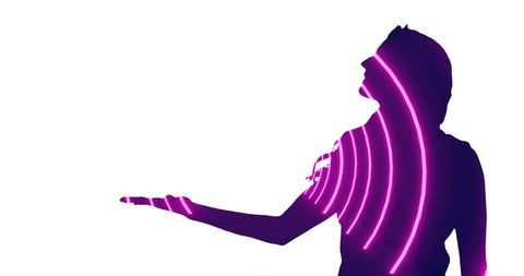 Silhouette of Woman with Vibrant Neon Rings on White Background