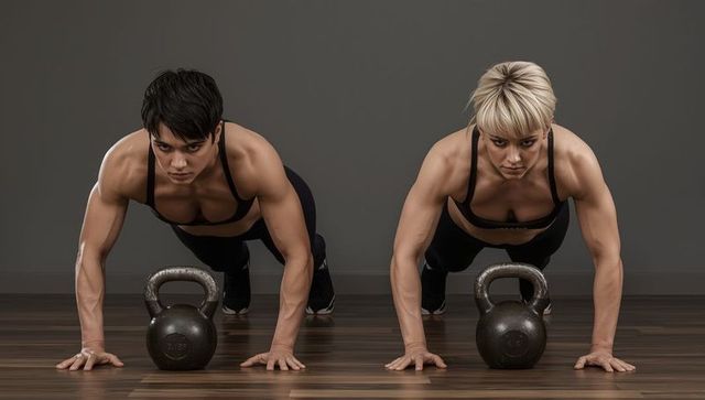 Partners performing kettlebell push-ups on wooden floor