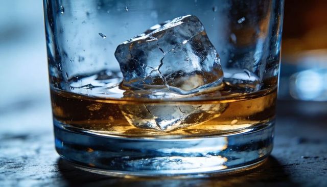 Whisky on rocks with cracked ice cube, dramatic low-light reflections and condensation