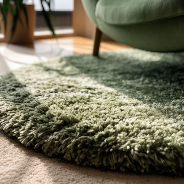 Close up of green round fluffy rug on floor in living room, created using generative ai technology. House interior design, decorations and textile concept digitally generated image.