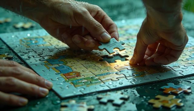 Hands Assembling Jigsaw on Rain-Soaked Tabletop, Placing Final Puzzle Piece