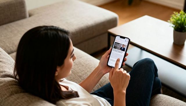 Woman reading news on smartphone while relaxing on sectional sofa, modern home lifestyle