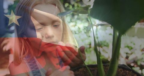 Young girl inspecting potted plant with chile flag overlay, gardening and environmental care