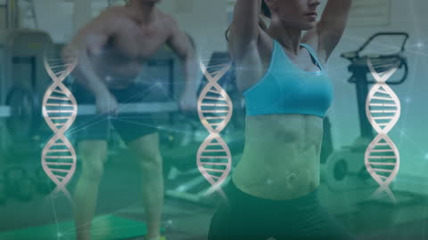 Fitness Enthusiast in Gym with Virtual DNA Projection