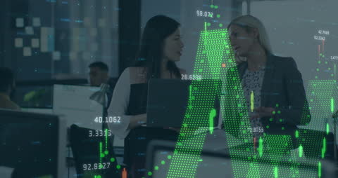 Diverse Business Professionals with Stock Market Data Overlay